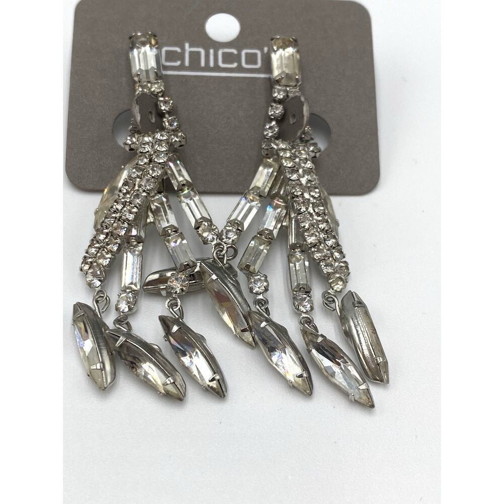 Chico’s Rhinestones Earrings Dangles Silver Tone Clips Clip Ons